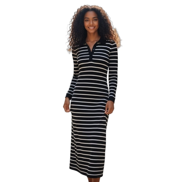 Mirol Dresses & Skirts - Long Sleeve Bodycon Maxi Sweater Dress Small White Black Stripe V Neck Ribbed